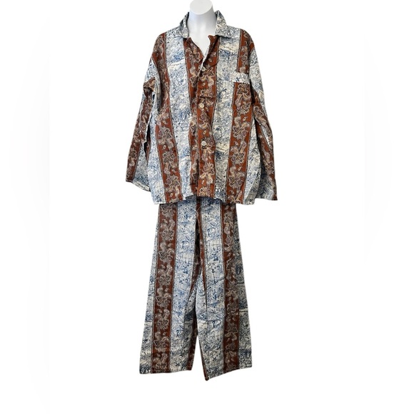 Vintage Pleetway Balloon Seat Pajama Brown Paisley Blue Toile  Set Size C Large - Picture 1 of 8